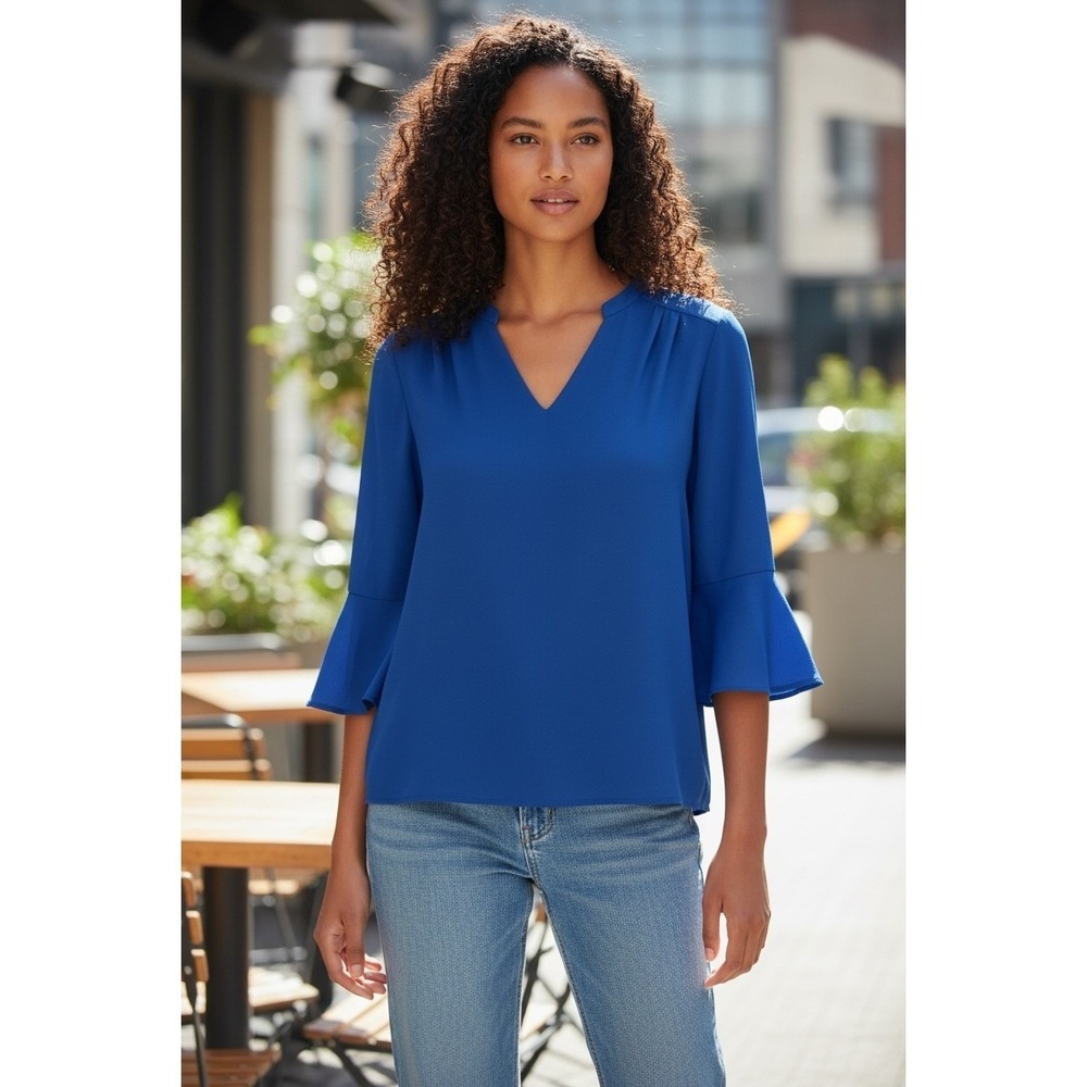 Lands' End Womens Royal Blue V-Neck Bell Sleeve Blouse Top Size 18